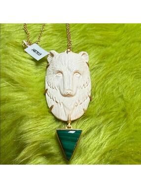 🐺 Wolf Head Pendant Necklace – Gold Over Sterling, Malachite Drop